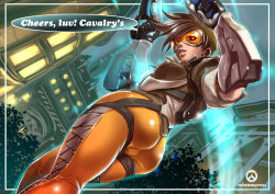 Rule 34 | 1girl, ass, black gloves, brown hair, cameltoe, copyright name, dual wielding, dutch angle, earrings, english text, engrish text, from behind, gloves, glowing, goggles, gun, holding, jacket, jewelry, looking at viewer, looking back, looking down, overwatch, overwatch 1, ranguage, short hair, shungikuten, skin tight, smile, solo, spiked hair, tracer (overwatch), tree, weapon