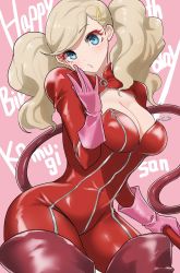 Rule 34 | 1girl, breasts, cleavage cutout, clothing cutout, colored eyelashes, english text, highres, mismatched eyelashes, persona, persona 5, pink background, red thighhighs, simple background, solo, tagme, takamaki anne, thighhighs