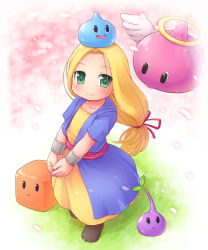 Rule 34 | 1girl, :d, :o, angel slime, angel wings, bad id, bad pixiv id, blonde hair, blush, boots, box slime, bracelet, dragon quest, dragon quest monsters, dragon quest monsters: terry&#039;s wonderland, dragon quest vi, dress, flat chest, flying, grass, green eyes, hair ribbon, halo, jewelry, leaf, light smile, long hair, looking at viewer, low-tied long hair, mireyu, mizuno mumomo, no nose, object on head, open mouth, outdoors, own hands together, petals, ponytail, ribbon, sash, slime (dragon quest), slime tree, smile, solo, v arms, wings, wrist cuffs