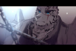 Rule 34 | 1boy, animal ears, arknights, artist request, bara, facial hair, furry, furry male, glowing, glowing eyes, goatee, highres, looking at viewer, male focus, mountain (arknights), scar, scar across eye, shirt, short hair, solo, textless version, thick eyebrows, tiger boy, tiger ears, tiger stripes, upper body, white fur, white hair