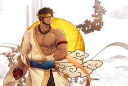 Rule 34 | 1boy, abs, armband, bandaged wrist, bandages, bara, bead necklace, beads, beard, belt, brown hair, clenched hand, dark-skinned male, dark skin, facial hair, fingerless gloves, gloves, headband, japanese clothes, jewelry, kimono, kulolin, large pectorals, leaf, looking to the side, male focus, manly, mature male, muscular, muscular male, necklace, nipples, original, pectorals, plant, red eyes, short hair, solo, spiked hair, thick arms, yukata