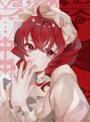 Rule 34 | 1girl, commentary, cowlick, curly hair, drill hair, fingernails, frilled hat, frilled shirt, frills, hair between eyes, hat, highres, kasane teto, looking at viewer, medium hair, own hands together, patterned background, portrait, red eyes, red hair, shirt, solo, thick eyelashes, twin drills, utau, yori (user yvfv5333)