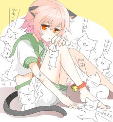 Rule 34 | 10s, 1girl, :t, absurdres, animal ears, anklet, barefoot, bell, cat ears, cat tail, highres, jewelry, kantai collection, nora, nora (salatto), orange eyes, pink hair, school uniform, serafuku, shorts, sitting, solo, tail, tama (kancolle), tears