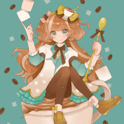 Rule 34 | 1girl, blue background, blush, bow, bow legwear, brown hair, coffee bean hair ornament, coffee beans, cup, dress, food, green eyes, hair bow, holding, holding spoon, index finger raised, knees up, long hair, long sleeves, multicolored hair, neck ribbon, orange hair, original, pantyhose, ribbon, shorts, sitting, sleeve cuffs, smile, socks, solo, spoon, streaked hair, striped clothes, striped socks, sugar cube, teacup, two side up, very long hair, yunoto (conceit)