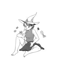 Rule 34 | 1girl, barefoot, eunnieboo, full body, greyscale, hair bun, hat, monochrome, mouth hold, needle, original, scissors, sewing, sewing needle, shirt, short shorts, shorts, single hair bun, sleeveless, sleeveless shirt, solo, spread legs, thread, witch hat