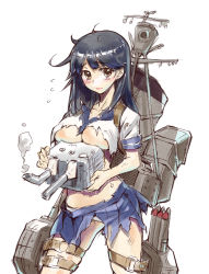 Rule 34 | 10s, 1girl, :3, @ @, blue hair, blush, breast rest, breasts, brown eyes, carried breast rest, carrying, flying sweatdrops, highres, kantai collection, lips, long hair, mecha musume, messy hair, panties, personification, pleated skirt, rensouhou-chan, school uniform, scratches, serafuku, sketch, skirt, solo, takada kazuhiro, thigh strap, torn clothes, underwear, ushio (kancolle)