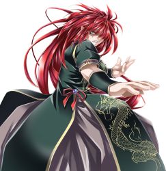 Rule 34 | 1girl, bow, braid, breasts, dragon, fangs, female focus, fighting stance, grey eyes, highres, hong meiling, long hair, red hair, solo, touhou, twin braids, white background, yoiti