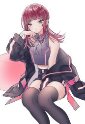 Rule 34 | 1girl, armpit crease, bare shoulders, belt, between legs, black jacket, black shorts, black thighhighs, breasts, closed mouth, crop top, crop top overhang, dai2kakuu, feet out of frame, flipped hair, green eyes, hand between legs, hand up, head rest, highres, invisible chair, jacket, katori youko, long hair, long sleeves, looking at viewer, medium breasts, midriff, neon trim, off shoulder, open clothes, open jacket, pink hair, red hair, shorts, simple background, sitting, sleeveless, solo, thighhighs, white background, world trigger, zipper