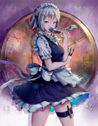 Rule 34 | 1girl, absurdres, apron, between fingers, blue dress, blue eyes, bow, braid, breasts, chinese commentary, clock, commentary request, cowboy shot, dress, frilled apron, frills, green bow, hair between eyes, hair bow, hand up, highres, holding, holding knife, holding weapon, holster, izayoi sakuya, key jun, knife, knives between fingers, looking at viewer, maid, maid apron, maid headdress, medium breasts, partial commentary, petticoat, puffy short sleeves, puffy sleeves, roman numeral, shirt, short dress, short hair, short sleeves, silver hair, solo, standing, thigh holster, thighs, touhou, twin braids, waist apron, weapon, white apron, white shirt
