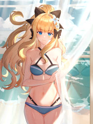 1girl bikini black_bow blonde_hair blue_bikini blue_eyes blush bow breasts cleavage curtain_grab curtains flower hair_bow hair_flower hair_ornament highres layered_bikini long_hair looking_at_viewer medium_breasts o-ring o-ring_bikini o-ring_bottom o-ring_top ponytail princess_connect! reflection saren_(princess_connect!) saren_(summer)_(princess_connect!) see-through_clothes solo swimsuit very_long_hair window yaner_10