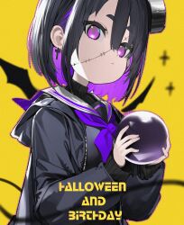 Rule 34 | amoeba yuanchong, bat wings, birthday, black hair, black jacket, black serafuku, black shirt, black skirt, black sweater, black wings, bolt (hardware), breasts, character request, colored inner hair, copyright request, cross, cross earrings, earrings, hair between eyes, halloween, highres, holding, jacket, jewelry, medium breasts, multicolored hair, neckerchief, object through head, open clothes, open jacket, petite, purple eyes, purple hair, purple neckerchief, ribbed sweater, sailor collar, school uniform, screw in head, serafuku, shirt, short eyebrows, simple background, skirt, stitched face, stitches, sweater, turtleneck, turtleneck sweater, unzipped, white sailor collar, wings, yellow background