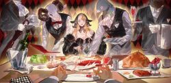 Rule 34 | 2girls, 4boys, antenna hair, ascot, bird boy, black dress, black sleeves, black vest, blonde hair, blood, bottle, bow, bowtie, breasts, butler, cannibalism, chalice, cleavage, collarbone, cup, curled horns, detached sleeves, dress, drinking glass, dungeon meshi, falin touden, falin touden (chimera), feast, food, fur-trimmed sleeves, fur trim, furry, furry male, gelatin, gloves, goat boy, goat horns, green eyes, handkerchief, head scarf, highres, holding, holding cup, holding food, holding knife, holding tray, holding umbrella, horns, knife, long hair, looking at viewer, marcille donato, marcille donato (lord), meat, mini person, minigirl, multiple boys, multiple girls, on plate, open mouth, out of frame, pants, para (para546767), pin, plate, red bow, red bowtie, serving dome, shirt, size difference, sleeves past wrists, sparkle, spoilers, strapless, strapless dress, swept bangs, table, tray, umbrella, upper body, vest, white ascot, white bow, white bowtie, white gloves, white pants, white shirt, wine bottle, wine glass