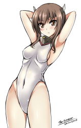 Rule 34 | 10s, 1girl, :t, armpits, arms behind head, breasts, brown eyes, brown hair, flat chest, headband, headgear, highleg, highleg swimsuit, highres, kantai collection, one-piece swimsuit, pout, short hair, simple background, small breasts, solo, swimsuit, taihou (kancolle), the-sinner, white background