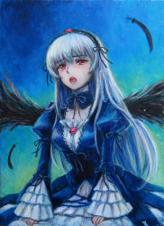 Rule 34 | 00s, 1girl, dress, feathers, hairband, highres, long hair, md5 mismatch, oil painting (medium), open mouth, painting (medium), red eyes, resolution mismatch, rozen maiden, solo, source smaller, suigintou, tafuto, tears, traditional media, white hair, wings