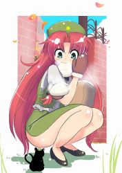 Rule 34 | 1girl, amisu, back, baozi, blue eyes, blush, braid, cat, chen, chen (cat), chinese clothes, eating, artistic error, female focus, flower, food, gloves, hat, heart, heart tail, high heels, hong meiling, long hair, md5 mismatch, mittens, multiple tails, petals, red hair, shoes, side slit, skirt, solo, squatting, star (symbol), tail, touhou, twin braids