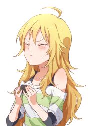 Rule 34 | 1girl, ahoge, bare shoulders, black tank top, blonde hair, blush, breasts, buchi (y0u0ri ), closed eyes, closed mouth, collarbone, eating, food, fruit, green jacket, hands up, highres, holding, holding food, hoshii miki, idolmaster, idolmaster (classic), idolmaster million live!, idolmaster million live! theater days, jacket, large breasts, long hair, onigiri, simple background, solo, striped clothes, striped jacket, sweatdrop, tank top, teardrop, umeboshi, upper body, v-shaped eyebrows, white background
