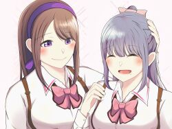 Rule 34 | 2girls, ^ ^, arm at side, arm up, assault lily, blush, bow, bowtie, braid, breasts, brown hair, closed eyes, closed mouth, collared shirt, commentary, french braid, fukuyama jeanne sachie, grey hair, hair bow, hair ribbon, hairband, half updo, hand on another&#039;s head, hand up, highres, kishimoto maria mirai, long hair, long sleeves, looking at another, ludvico private girls&#039; academy school uniform, medium breasts, mimura (eh mi0), mole, mole under mouth, multiple girls, open mouth, pink background, pink bow, pink bowtie, purple eyes, purple hairband, purple ribbon, ribbon, school uniform, shirt, side-by-side, sidelocks, simple background, smile, suspenders, swept bangs, upper body, white shirt