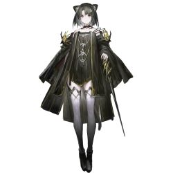 Rule 34 | 1girl, animal ears, arknights, artist request, bare shoulders, black dress, black footwear, black hair, cat ears, check artist, dress, full body, grey eyes, heibaise jiangshi, long sleeves, looking at viewer, mandragora (arknights), off-shoulder dress, off shoulder, shoes, short hair, solo, standing, thighhighs, transparent background, white thighhighs, wide sleeves, zettai ryouiki