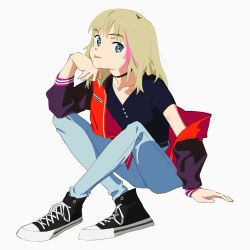 Rule 34 | 1girl, :p, absurdres, blonde hair, blue eyes, choker, denim, female focus, highres, jacket, jeans, kawai rika, multicolored hair, pants, piezo, pink hair, red jacket, shoes, simple background, sitting, solo, tongue, tongue out, white background, wonder egg priority