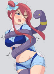 Rule 34 | 1girl, ;o, blue eyes, blue jacket, blue shorts, blush, commentary request, constriction, creatures (company), ekans, game freak, gen 1 pokemon, grey background, hair ornament, highres, jacket, midriff, navel, nintendo, one eye closed, one side up, open mouth, pokemon, pokemon (creature), pokemon bw, purin (pepeperonn), red hair, short shorts, shorts, sidelocks, skyla (pokemon), snake, teeth, tongue, trembling, upper teeth only