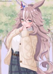 Rule 34 | 1girl, animal ears, belt, blue eyes, blush, breasts, cardigan, casual, commentary request, ear covers, forest, grey hair, hair ornament, highres, horse ears, horse girl, horse tail, jewelry, looking at viewer, medium breasts, nature, necklace, open cardigan, open clothes, own hands together, single ear cover, smile, solo, suzuho hotaru, tail, thick eyebrows, tree, twitter username, umamusume, wonder acute (umamusume)