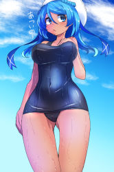 Rule 34 | 10s, 1girl, bare shoulders, beret, blue eyes, blue hair, braid, breasts, hat, impossible clothes, impossible swimsuit, kantai collection, large breasts, long hair, looking at viewer, matching hair/eyes, one-piece swimsuit, school swimsuit, solo, swimsuit, tan, tenken (gotannda), translation request, urakaze (kancolle), wet, white hat