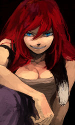 Rule 34 | 1girl, bad id, bad pixiv id, black background, blue eyes, breasts, cleavage, cloak, fangs, fur, grin, hair between eyes, knee up, large breasts, long hair, looking at viewer, mitsui, mitsui (cy13), red hair, sarashi, shut hell, shut hell (character), simple background, smile, solo