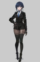 Rule 34 | 1girl, black footwear, black gloves, black jacket, blue eyes, blue hair, blue necktie, boots, breasts, closed mouth, collared shirt, earpiece, fingerless gloves, full body, gloves, grey background, high heels, highres, jacket, las91214, long sleeves, looking at viewer, necktie, original, pantyhose, shirt, short hair, simple background, skirt, solo, standing, tachi-e, thigh boots, thighhighs, white shirt