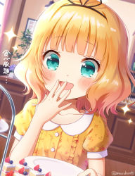 Rule 34 | 1girl, :d, blonde hair, blue eyes, blunt bangs, blush, breasts, cake, close-up, collarbone, commentary request, covering own mouth, dress, food, fruit, gochuumon wa usagi desu ka?, hair ribbon, hand over own mouth, holding, holding plate, indoors, kirima syaro, looking at object, mozukun43, open mouth, plate, ribbon, short hair, short sleeves, small breasts, smile, solo, strawberry, tears, translation request, twitter username, wavy hair, yellow dress