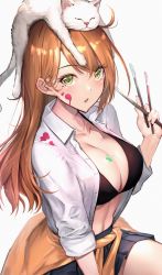 Rule 34 | 1girl, animal, animal on head, black bra, blush, bra, breasts, brown hair, cat, cat on head, cleavage, closed eyes, clothes around waist, collared shirt, commentary request, copyright request, dress shirt, green eyes, highres, holding, holding paintbrush, ikusaneko, large breasts, long hair, looking at viewer, mole, mole under eye, on head, open clothes, open mouth, open shirt, paint splatter, paintbrush, painting (action), pleated skirt, shirt, skirt, sleeves rolled up, stomach, swept bangs, thighs, tied sweater, underwear, white cat, white shirt