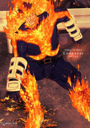 Rule 34 | 1boy, bara, beard, belt, blue bodysuit, blue eyes, bodysuit, boku no hero academia, boots, bulge, covered abs, covered navel, dated, embers, endeavor (boku no hero academia), facial hair, fiery hair, fire, foot out of frame, happy birthday, knee boots, large pectorals, leaning to the side, looking at viewer, male focus, mature male, muscular, muscular male, ono (ohno ha), pectorals, red hair, scar, scar across eye, scar on face, short hair, sideburns, sitting, solo, spiked hair, spread legs, thick thighs, thighs, vambraces
