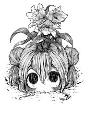 Rule 34 | 1girl, 4shi, commentary request, dango-chan (4shi), disembodied head, double bun, flower, flower on head, flower request, greyscale, hair between eyes, hair bun, highres, hollow eyes, horror (theme), monochrome, original, plant roots, short hair, simple background, white background