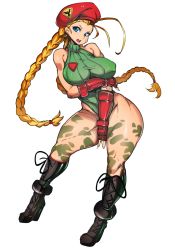 Rule 34 | 1girl, antenna hair, bad id, bad tumblr id, bare shoulders, beret, blonde hair, blue eyes, boots, braid, breast hold, breasts, cammy white, capcom, covered erect nipples, curvy, full body, hat, highleg, highleg leotard, highres, large breasts, legs, leotard, long braid, long hair, open mouth, scar, slugbox, solo, standing, street fighter, tattoo, thick thighs, thighs, twin braids, twintails, wide hips
