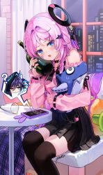 1boy 1girl ? alternate_costume artist_name black_skirt black_thighhighs blue_eyes bottle braid casual cellphone citlali_(genshin_impact) facial_mark genshin_impact highres holding holding_bottle indoors jewelry long_hair long_sleeves looking_at_viewer multiple_rings on_chair open_mouth ororon_(genshin_impact) phone pink_hair pink_pupils pink_shirt pioko ring shirt skirt smartphone solo_focus thighhighs zettai_ryouiki