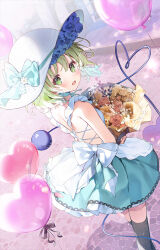 1girl :d alternate_costume back balloon bare_shoulders black_thighhighs blue_flower blue_rose blush bouquet bow chinese_commentary commentary cy6n flower green_eyes green_hair green_skirt hair_over_shoulder hat heart_balloon highres holding holding_bouquet komeiji_koishi looking_at_viewer open_mouth pink_flower pink_rose rose short_hair skirt smile solo thighhighs third_eye touhou white_bow white_hat yellow_flower yellow_rose