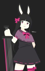 Rule 34 | 1girl, absurdres, animal ears, black background, black dress, black hair, blunt bangs, bow, bowtie, capelet, closed mouth, commentary, cowboy shot, dress, english commentary, flat color, greatsword, hair bow, heavyblade rabbit, highres, holding, holding sword, holding weapon, kettledraws, leg wrap, long hair, looking at viewer, medium bangs, no lineart, pink bow, pink bowtie, pink eyes, purple capelet, rabbit and steel, rabbit ears, rabbit girl, simple background, smile, solo, sword, weapon