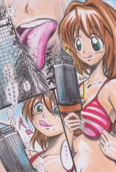 Rule 34 | bikini, brown hair, building, bunker k, comic, destruction, food, giant, giantess, green eyes, highres, ice cream, licking, om nom nom, smile, swimsuit, tongue, tongue out, vore
