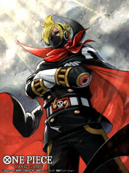 Rule 34 | 1boy, bird, black jacket, black pants, blonde hair, cape, cloud, cloudy sky, collared cape, commentary request, copyright name, cowboy shot, crossed arms, curly eyebrows, hair over one eye, headphones, jacket, male focus, neckerchief, nijihayashi, official art, one piece, one piece card game, pants, red neckerchief, sanji (one piece), sky, solo, sunglasses, sunlight