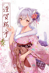 Rule 34 | 1girl, absurdres, animal ears, bow, brown bow, cat ears, cat girl, cat tail, closed mouth, floral print, flower, fur-trimmed kimono, fur trim, hair between eyes, hair flower, hair ornament, hand up, highres, japanese clothes, kimono, long sleeves, looking at viewer, mutang, nengajou, new year, obi, original, pink flower, pink kimono, red eyes, red flower, sash, silver hair, smile, solo, tail, tail raised, translation request, wide sleeves