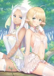 Rule 34 | 2girls, absurdres, ahoge, asymmetrical gloves, bare shoulders, belt, blonde hair, blue eyes, blush, breasts, chemise, cleavage, commentary request, dark-skinned female, dark elf, dark skin, day, dress, elf, finger to mouth, gloves, green eyes, hair ornament, highres, lace, lace-trimmed legwear, lace trim, large breasts, long hair, looking at viewer, medium breasts, multiple girls, navel, original, parted lips, pointy ears, revealing clothes, sitting, smile, thighhighs, tony taka, uneven gloves, white belt, white dress, white gloves, white hair, zettai ryouiki