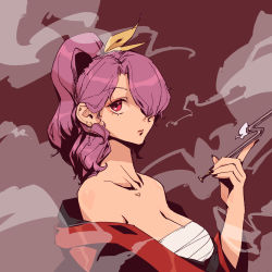 Rule 34 | 1girl, bare shoulders, black nails, breasts, collarbone, ear piercing, earrings, expressionless, hand up, highres, holding, holding smoking pipe, japanese clothes, jewelry, kimono, kiseru, komakusa sannyo, large breasts, long hair, looking at viewer, nail polish, off shoulder, piercing, smoking pipe, ponytail, purple eyes, purple hair, red background, red kimono, sarashi, simple background, smoke, solo, stank, touhou, upper body