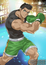 Rule 34 | 1boy, abs, bara, black hair, black tank top, boxer, boxing gloves, bulge, dark-skinned male, dark skin, feet out of frame, green eyes, green shorts, gumroad username, kienbiu, little mac, male focus, muscular, muscular male, navel, nintendo, nipples, paid reward available, patreon username, punch-out!!, paid reward available, short hair, shorts, sideburns, solo, stomach, super smash bros., tank top, thighs, twitter username, wrestling outfit, wrestling ring