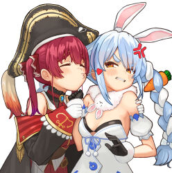 Rule 34 | 2girls, absurdres, anger vein, animal ears, bare shoulders, bicorne, black gloves, blue hair, braid, breasts, carrot hair ornament, closed eyes, commentary request, cropped jacket, disgust, don-chan (usada pekora), dress, extra ears, food-themed hair ornament, fur-trimmed gloves, fur trim, gloves, hair ornament, hat, highres, hololive, houshou marine, houshou marine (1st costume), imminent kiss, large breasts, leotard, leotard under clothes, long hair, multiple girls, natsuzo380, off shoulder, pirate hat, rabbit ears, rabbit girl, red hair, simple background, sleeveless, sleeveless jacket, small breasts, thick eyebrows, twin braids, upper body, usada pekora, usada pekora (1st costume), virtual youtuber, white background, white dress, white gloves, white hair