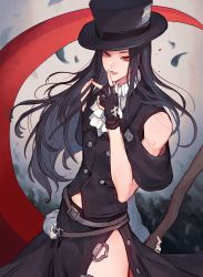 Rule 34 | 1boy, androgynous, bare shoulders, black suit, collared shirt, feathers, fingerless gloves, formal, gloves, guilty gear, guilty gear strive, hat, highres, holding, holding weapon, index finger raised, long hair, oro (sumakaita), red eyes, scythe, shirt, skull, standing, straight hair, suit, symbol-only commentary, testament (guilty gear), top hat, trap, weapon, white background, white shirt
