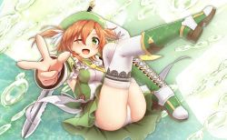 Rule 34 | 1girl, aloe (flower knight girl), ass, blush, breasts, brown hair, flower knight girl, green eyes, hat, looking at viewer, medium breasts, mizunashi (second run), one eye closed, outstretched arm, panties, short hair, smile, solo, sword, thighhighs, underwear, weapon