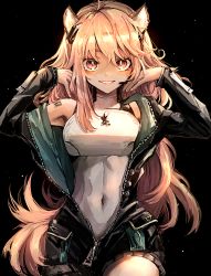 Rule 34 | 1girl, akebisousaku, animal ears, arknights, armor, armpits, arms behind head, arms up, barcode, barcode tattoo, black background, black jacket, breastplate, breasts, brown eyes, covered navel, dark-skinned female, dark skin, gravel (arknights), hair between eyes, hand in own hair, headset, highres, jacket, kingdom of kazimierz logo, light brown hair, long hair, looking at viewer, medium breasts, mouse ears, mouse girl, open mouth, partial bodysuit, partially unzipped, shorts, simple background, smile, solo, tattoo, zipper