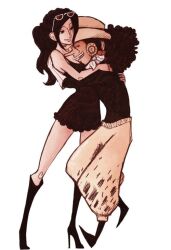Rule 34 | 1boy, 1girl, accidental pervert, black hair, breasts, cleavage, earphones, face to breasts, full body, grin, hug, long hair, long nose, looking at another, nico robin, one piece, ponytail, scarf, sidelocks, skirt, smile, sunglasses on head, usopp