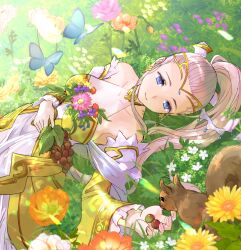 Rule 34 | 1girl, blue eyes, bug, butterfly, commission, commissioner upload, dress, eir (fire emblem), field, fire emblem, fire emblem heroes, flower, flower field, food, fruit, grass, highres, holding, holding food, holding fruit, insect, long hair, long sleeves, lying, minorudonguri, nintendo, on back, on grass, ponytail, skeb commission, solo, squirrel, sunflower, tiara, very long hair, white dress, white hair, yellow dress