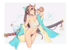 Rule 34 | 1girl, bigrbear, bottomless, breasts, brown hair, chest sarashi, collarbone, cowboy shot, cropped legs, female pubic hair, grey background, horns, large breasts, long hair, looking at viewer, navel, nipples, nude, oni, oni horns, original, pointy ears, ponytail, pubic hair, sarashi, simple background, smile, solo