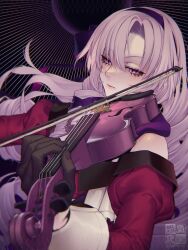 Rule 34 | 1girl, absurdres, bare shoulders, black gloves, closed mouth, concentrating, dress, drill hair, gloves, hair ribbon, hairband, highres, hyakumantenbara salome, hyakumantenbara salome (1st costume), instrument, juliet sleeves, light purple hair, lips, long hair, long sleeves, music, nijisanji, off-shoulder dress, off shoulder, parted bangs, playing instrument, puffy sleeves, purple eyes, purple hairband, purple ribbon, red dress, red sleeves, ribbon, see-through, see-through gloves, solo, twitter username, violin, virtual youtuber, yokaze (xxxdisxxx)
